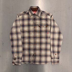 Chocolate Skateboards Mens Plaid Flannel Button Down Shirt Brown Tan Blue Size M